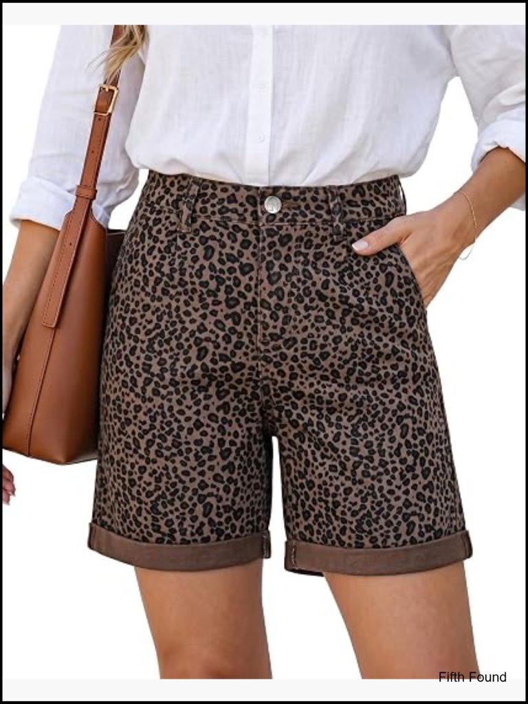 High Waisted Denim Shorts With Cheetah Print Cuffed Hem Pleated Stretch Summer